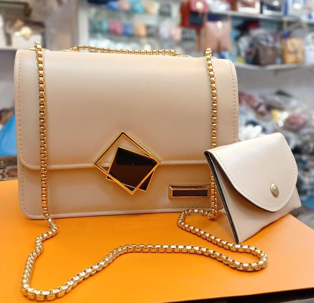 2 Pcs PU Leather Hand Bag with long Golden Chain for Girls