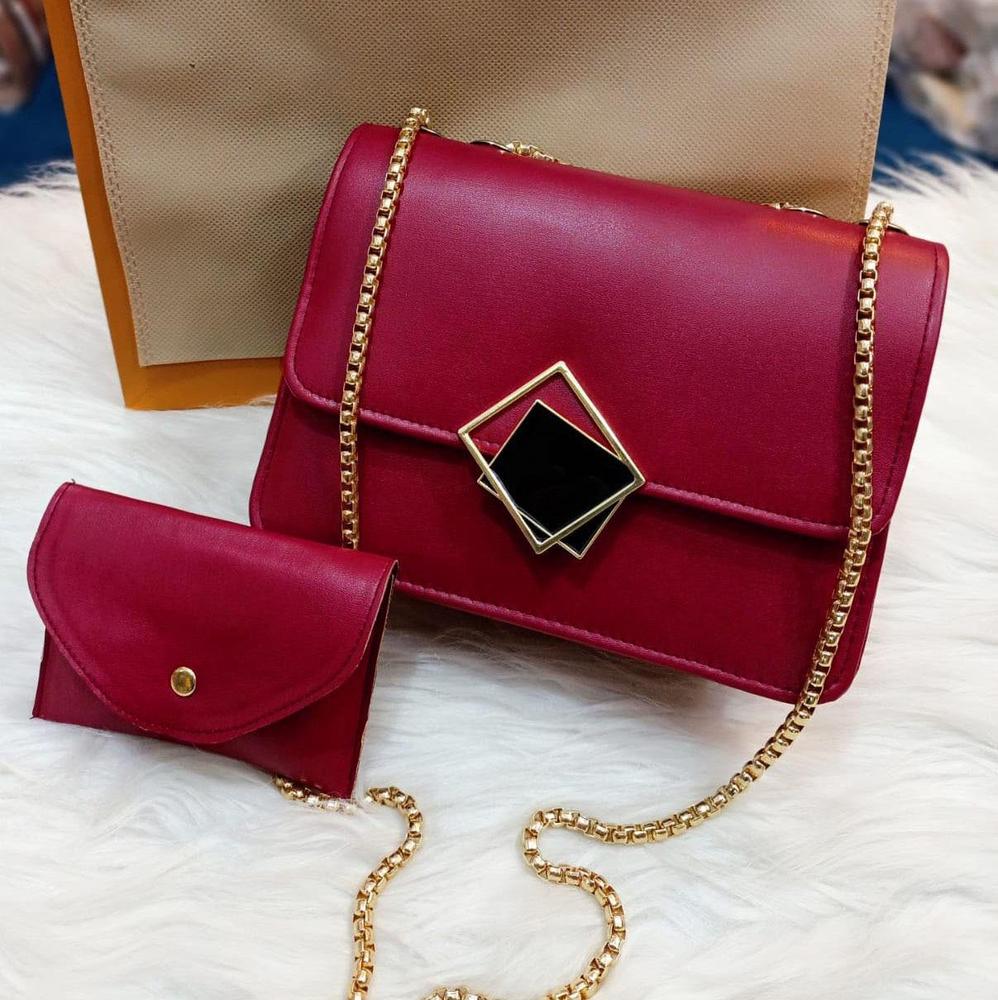 2 Pcs PU Leather Hand Bag with Long Golden Chain for Girls