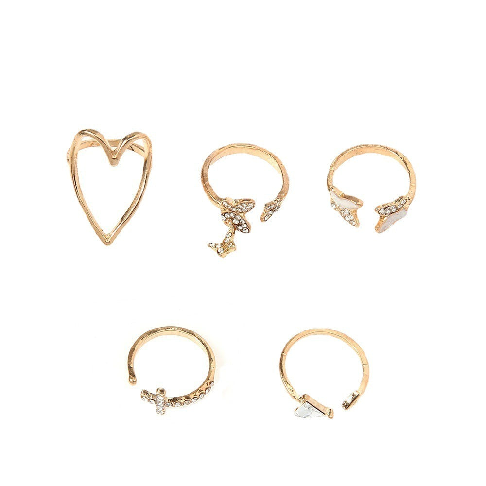 Love Heart Hollow Full Rhinestone Drop Oil Butterfly Ring