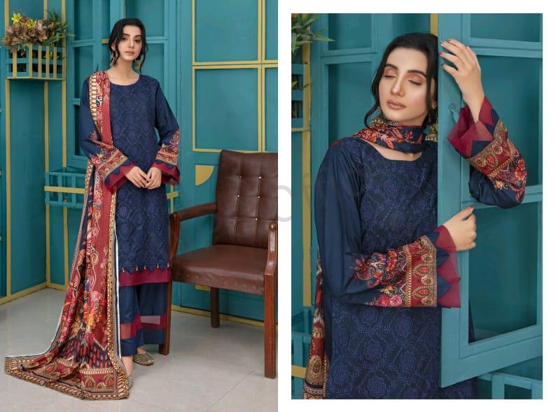 3 Ps Amna.B Women's Unstitched Viscose Embroidered Suit