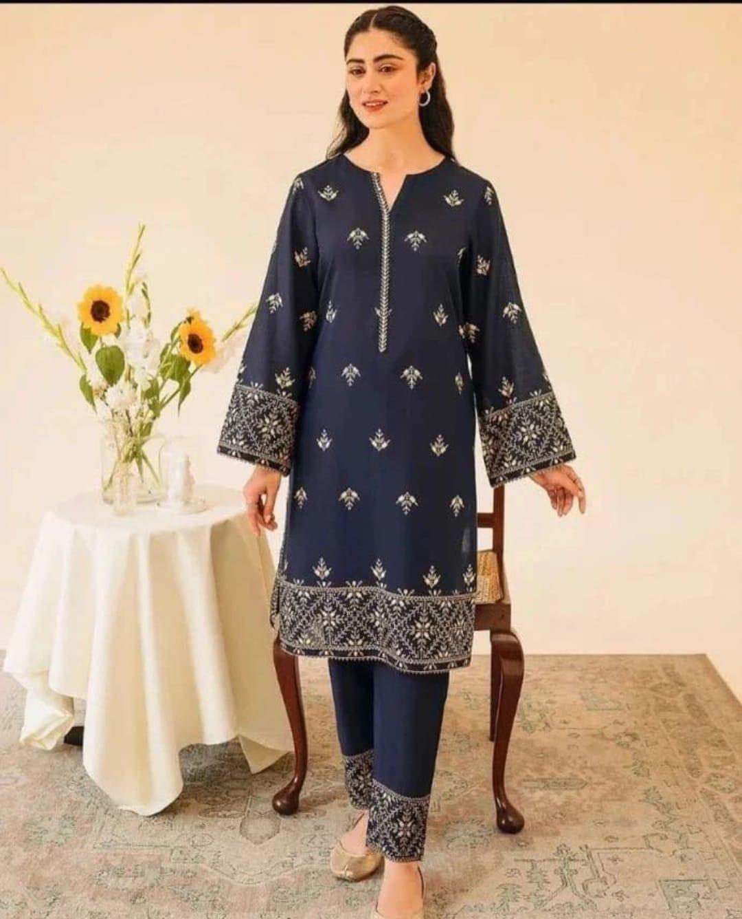 Women's Stitched Silk Embroidered Shirt and Trouser Set - 2 Pcs in Blue