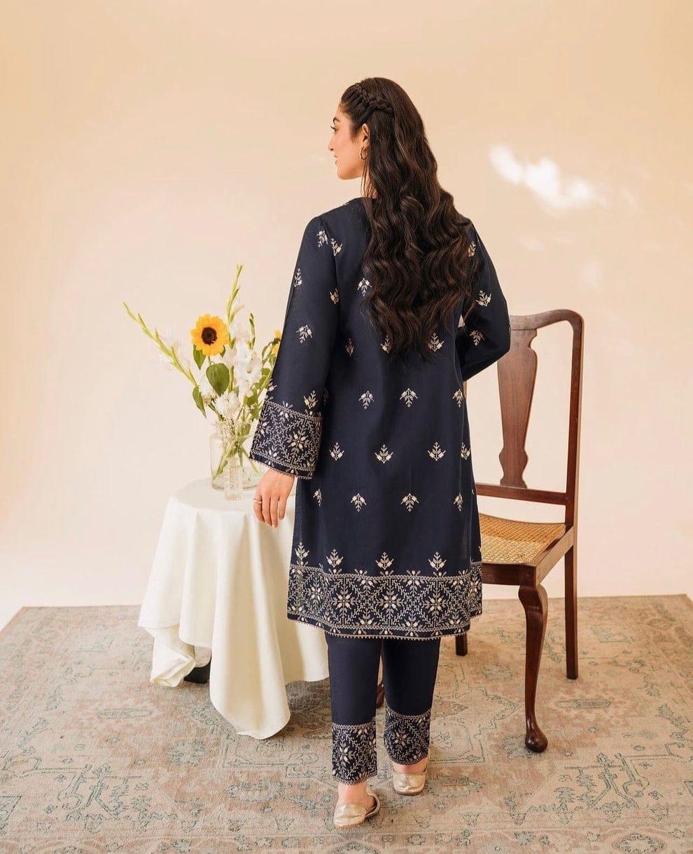 Women's Stitched Silk Embroidered Shirt and Trouser Set - 2 Pcs in Blue