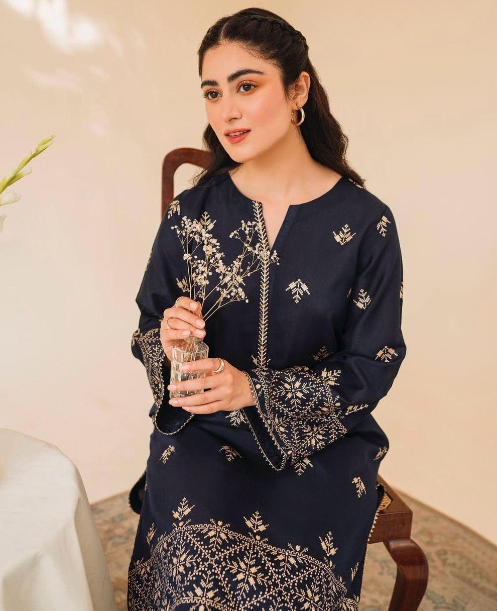 Women's Stitched Silk Embroidered Shirt and Trouser Set - 2 Pcs in Blue