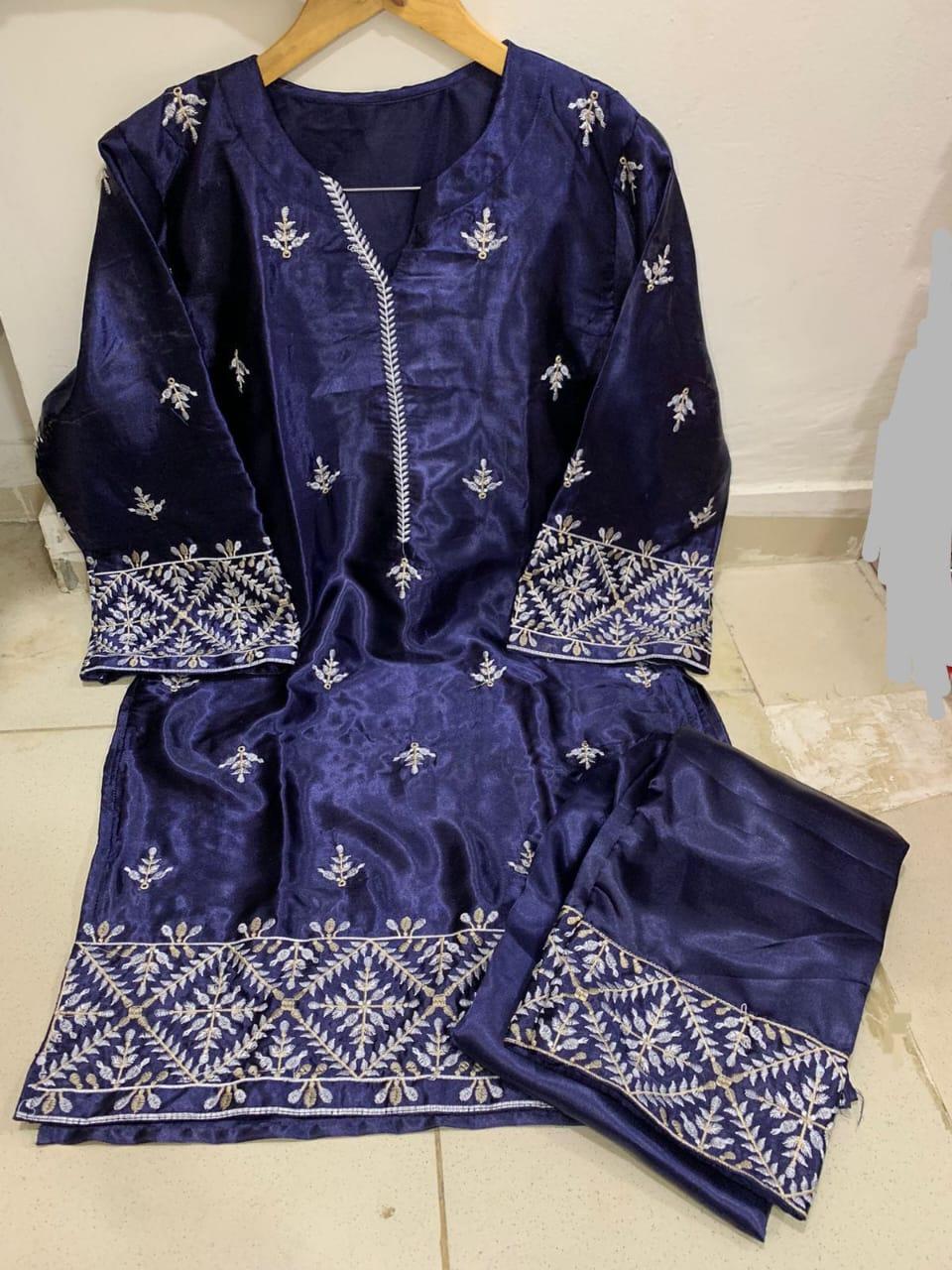 Women's Stitched Silk Embroidered Shirt and Trouser Set - 2 Pcs in Blue