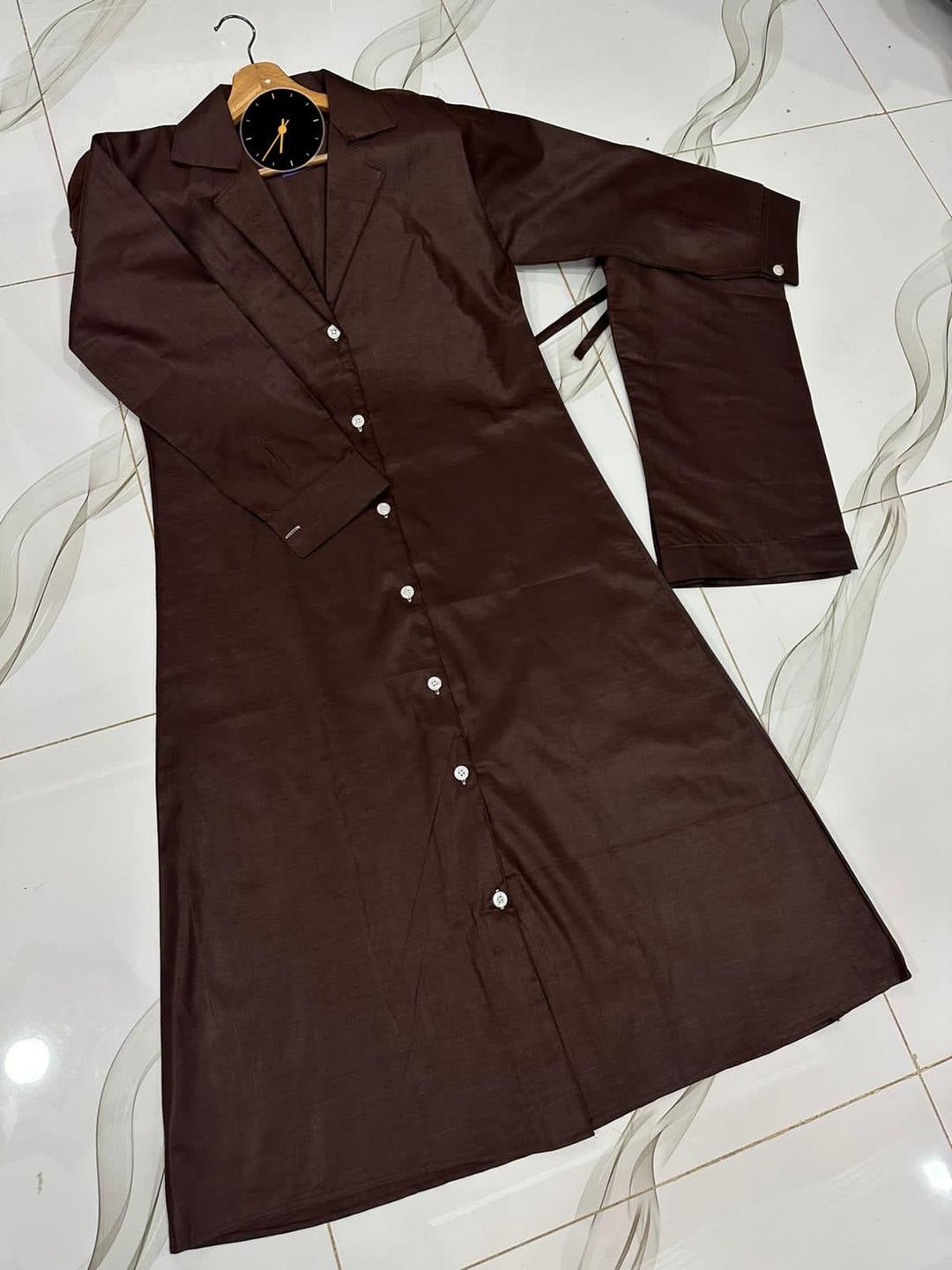 Stylish Women's Stitched Cotton Overcoat & Trouser Set - 2 Pcs in Brown Color