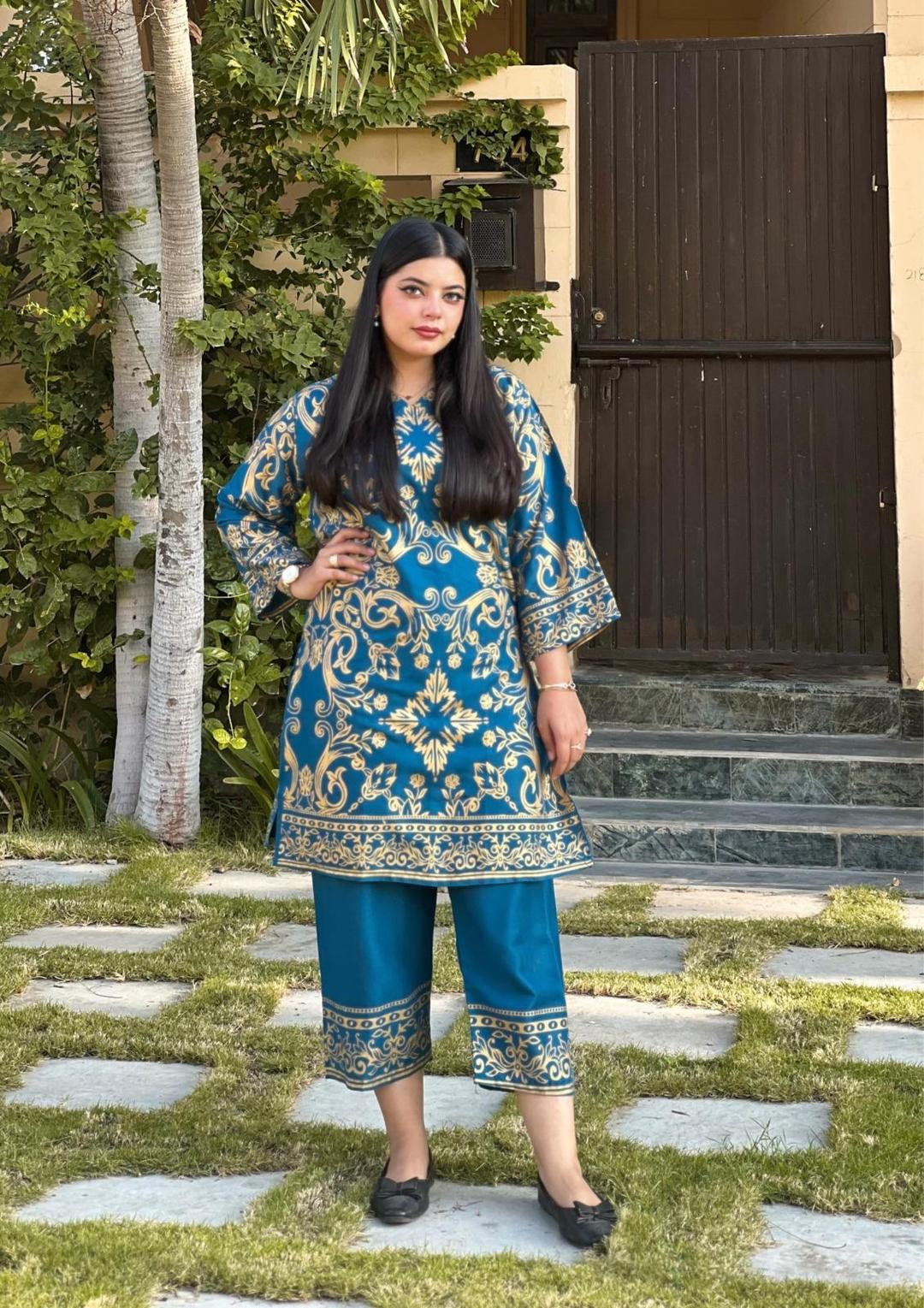 Chic Teal Block Printed Linen Shirt and Trouser Set for Women
