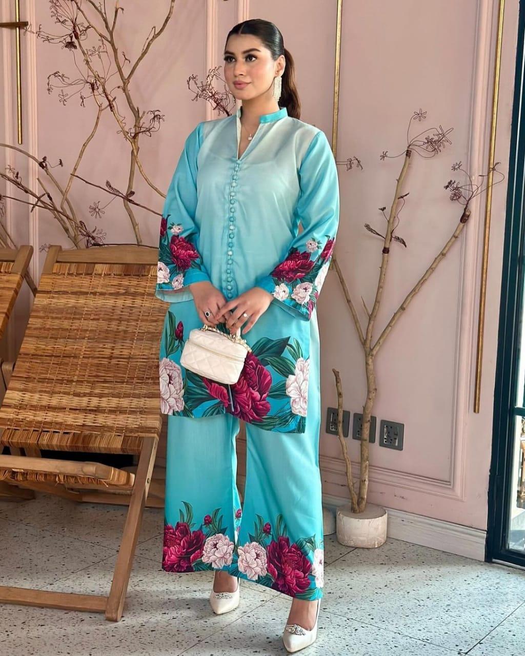 Elegent Blue Printed Raw Silk Shirt and Trouser Set for Women