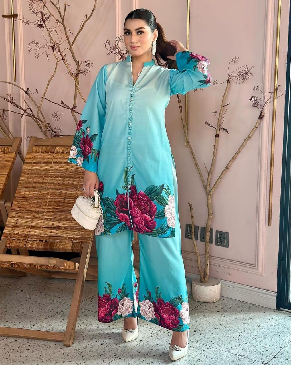 Elegent Blue Printed Raw Silk Shirt and Trouser Set for Women