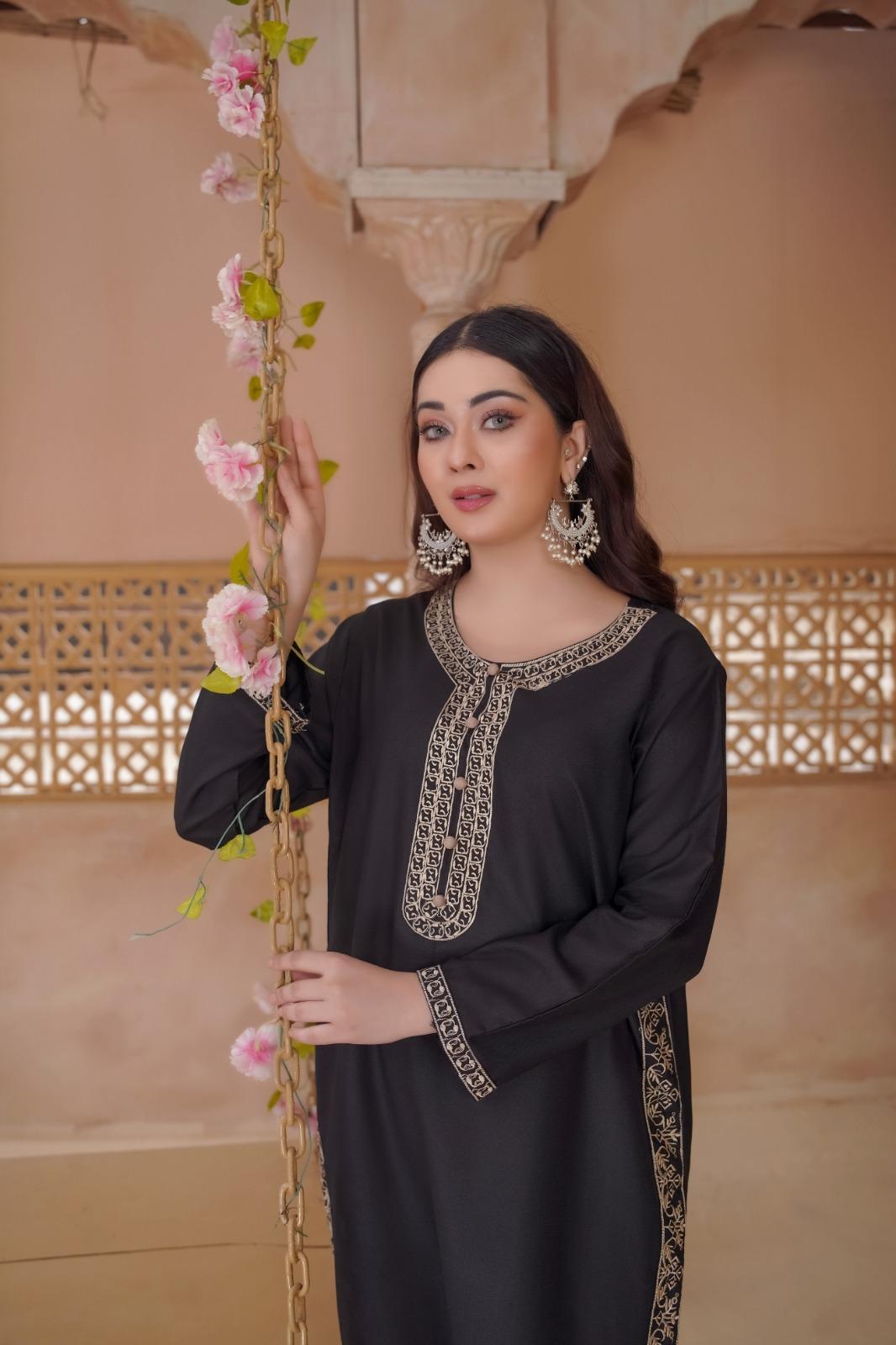 2 Pcs Dhanak Embroidered Women's Stitched Shirt and Trouser Set