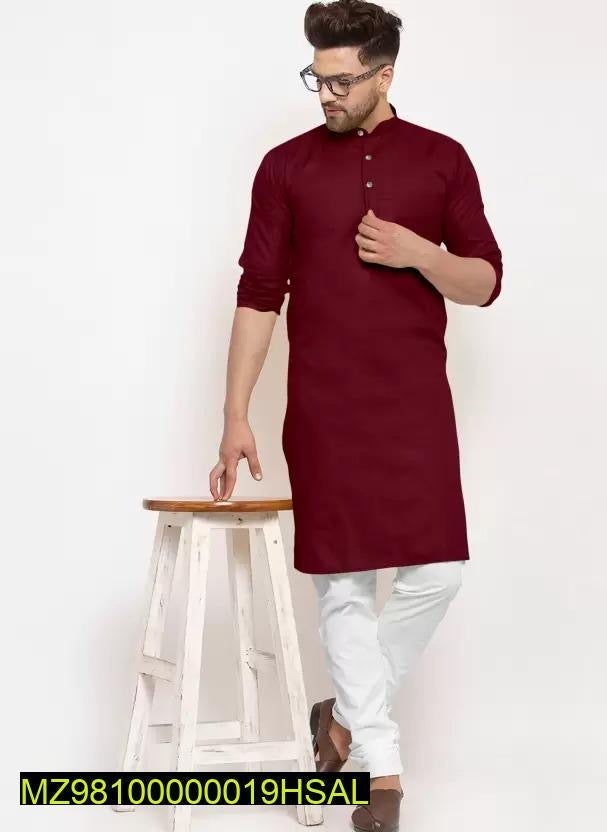 Men 2 pcs Stitched Cotton plain Kurta & Pajama (Red & White)