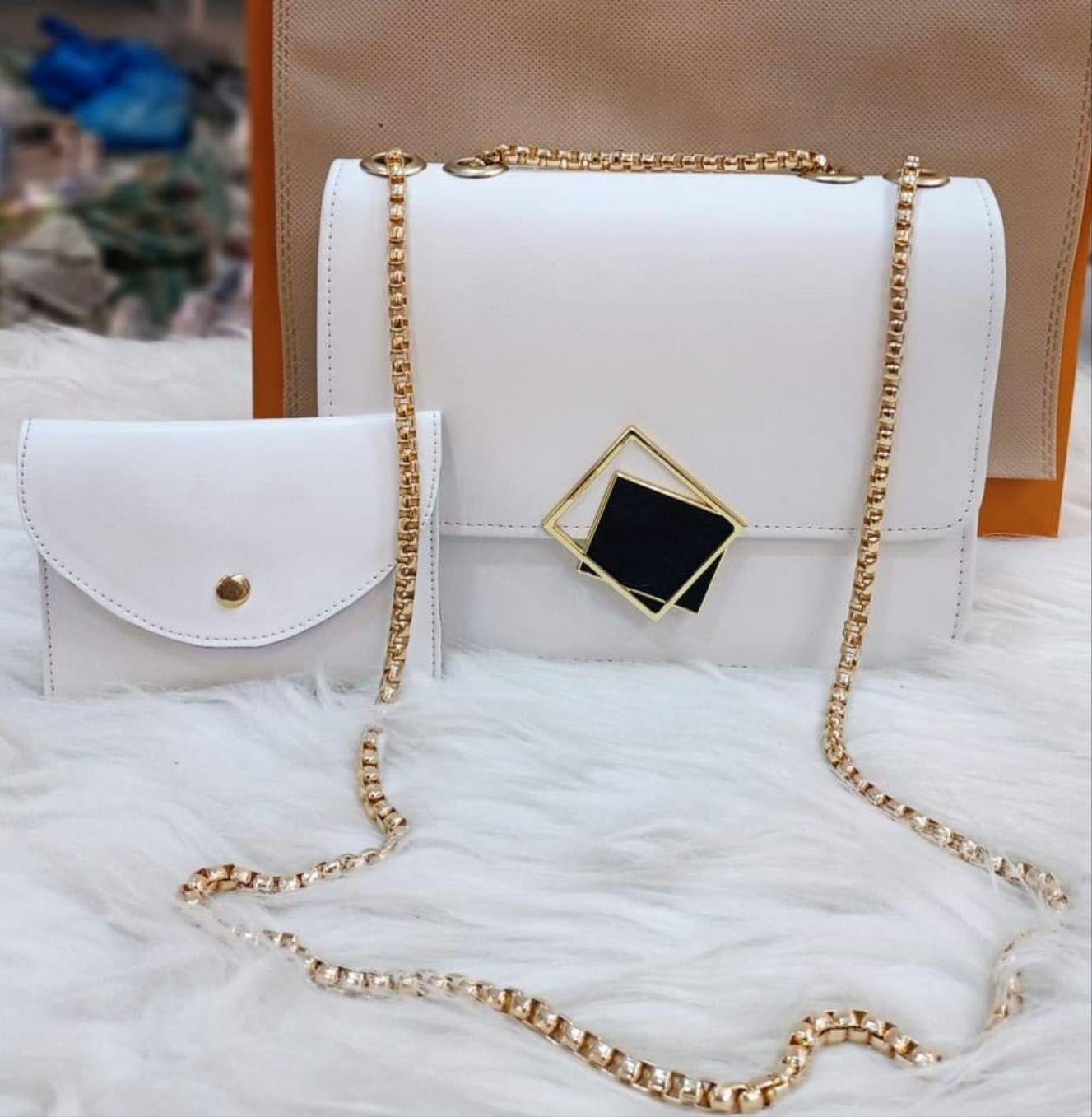 2 Pc PU leather hand bag with long Golden Chain for Girls