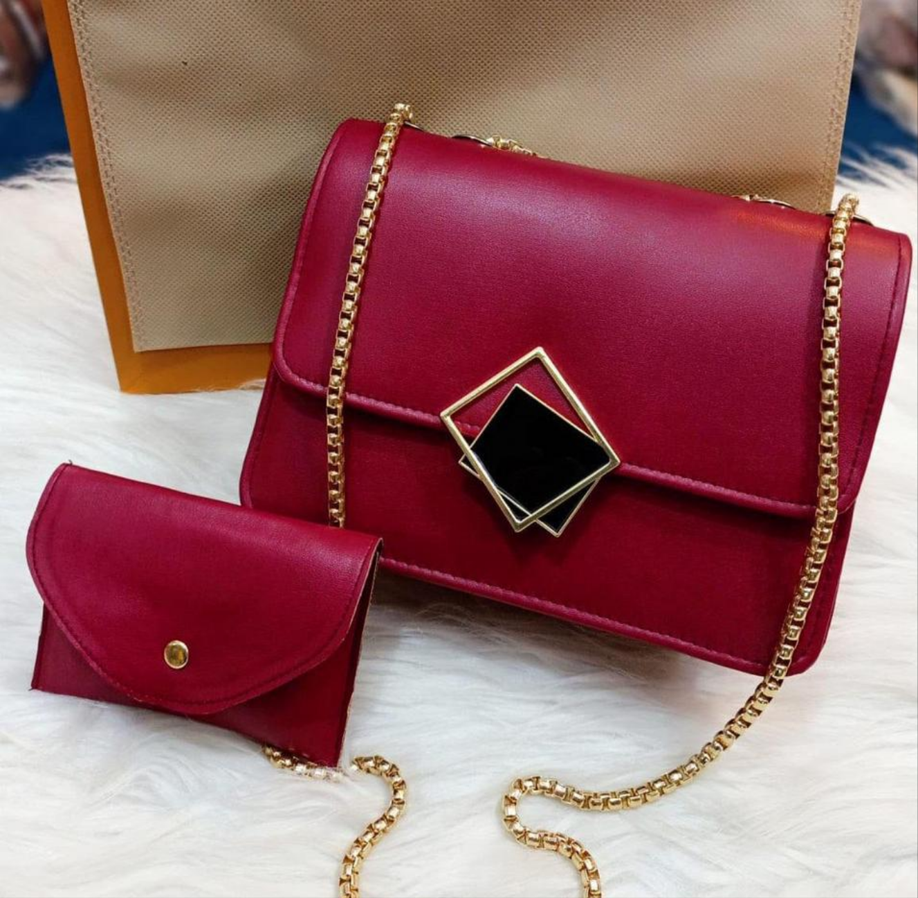2 Pcs PU Leather Hand Bag with Long Golden Chain for Girls
