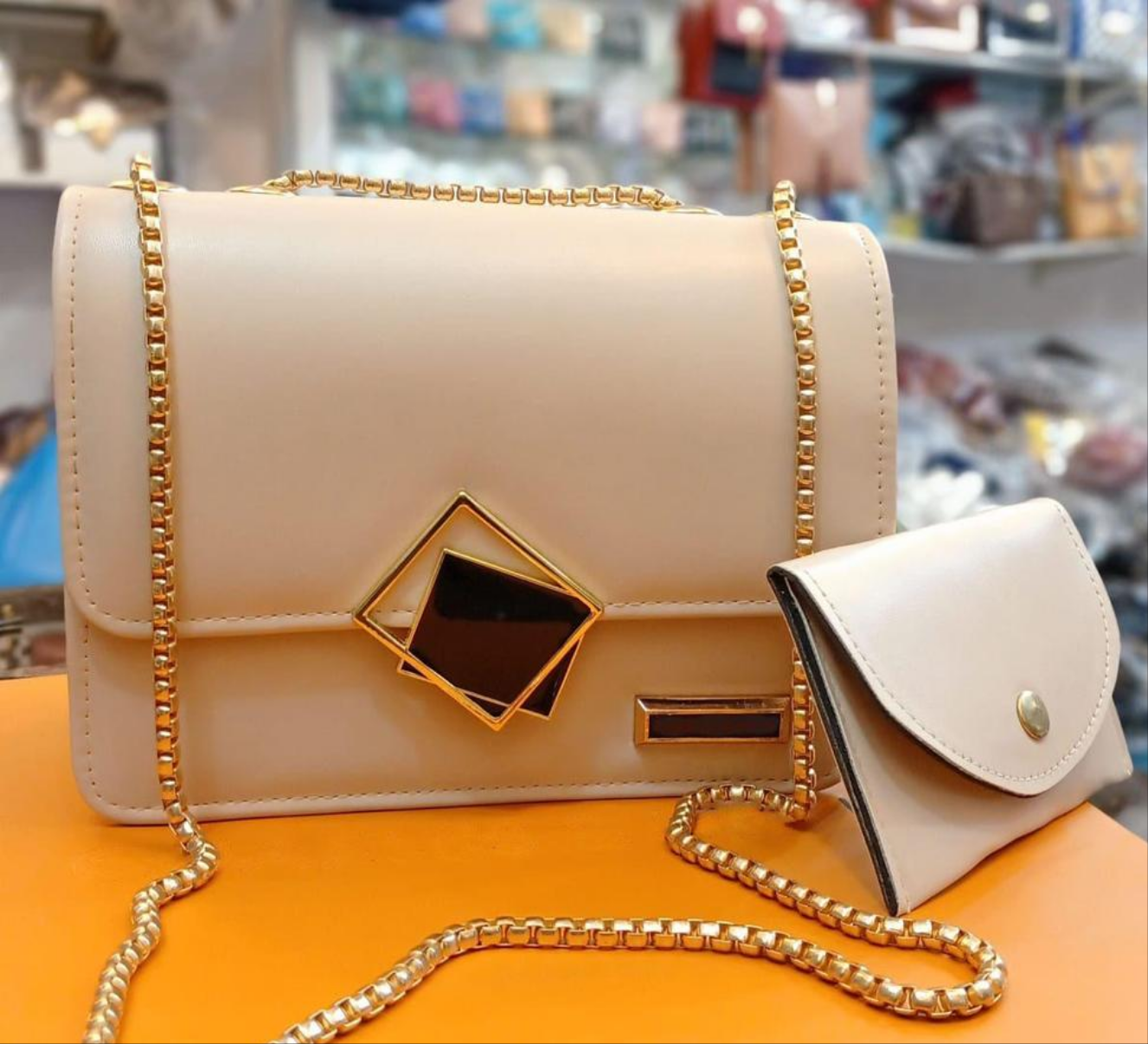 2 Pcs PU Leather Hand Bag with long Golden Chain for Girls