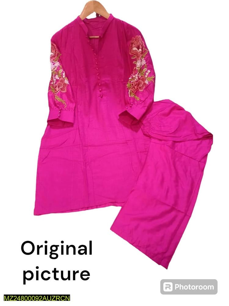 2 Pcs Women's Stitched Linen Embroidered Shirt with Trouser