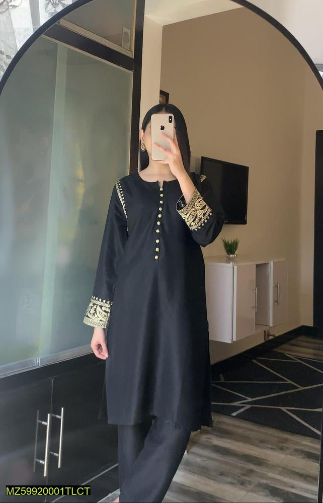 2 Pcs Women's Stitched Linen Embroidered Shirt with Trouser