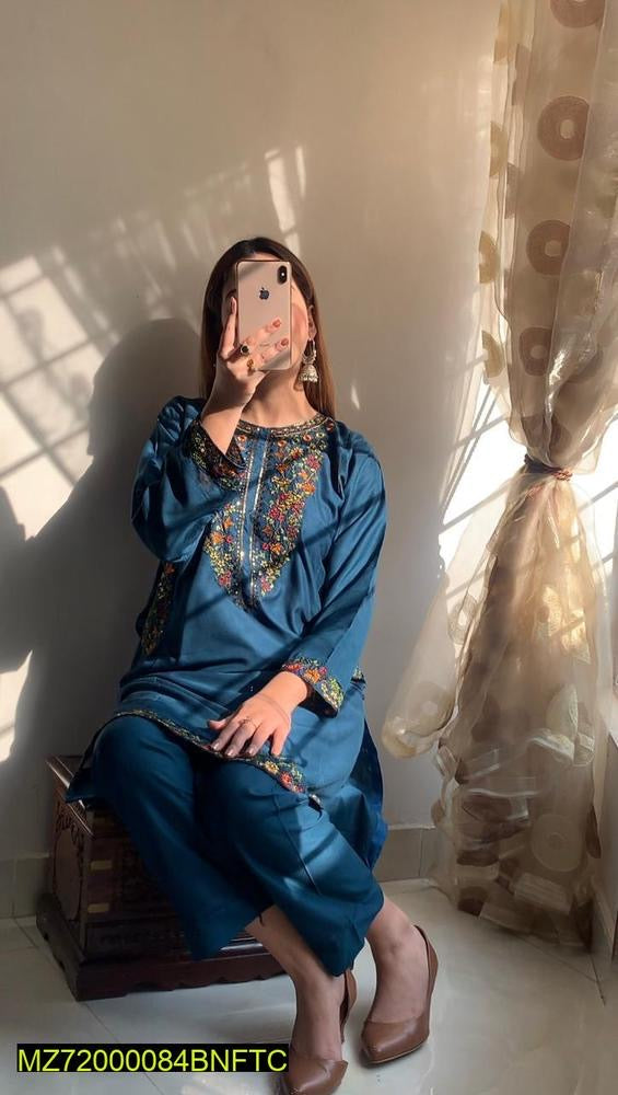 2 Pcs Women's Stitched Linen Embroidered Suit on Pak Store Online
