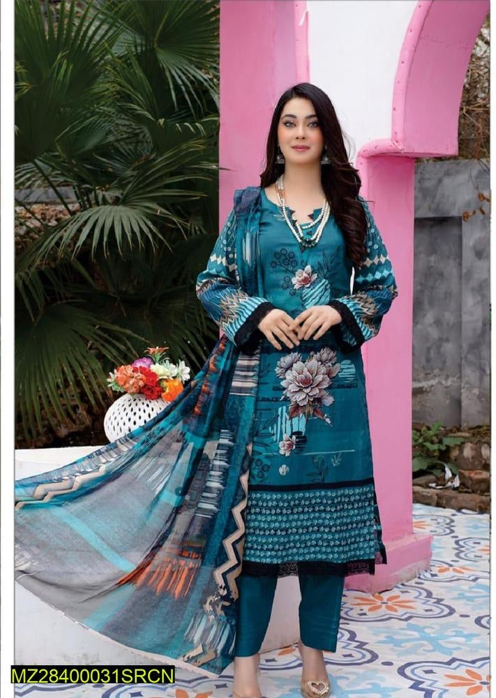 3 Pcs Women's Unstitched Lawn Digital Print Suit