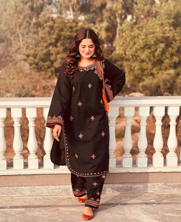 2 Pcs Women's Stitched Arabic Lawn Embroidered Shirt And Trouser