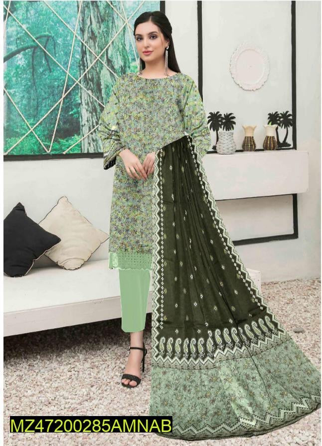 3 Pcs Women's Unstitched Lawn Printed Suit Amna B brand