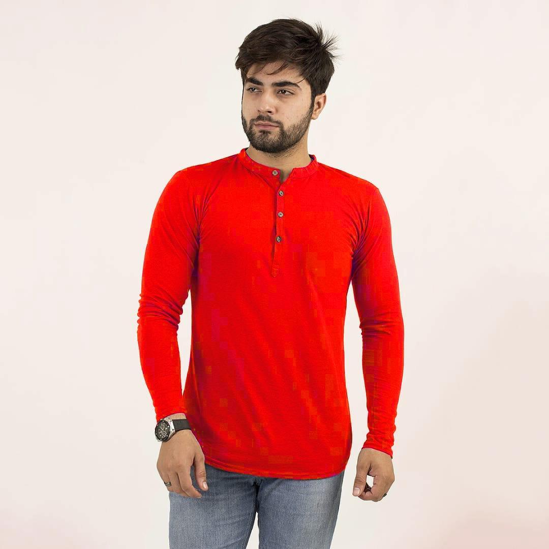 Men's Cotton Jersey Plain Kurti-Style Shirt – Red Color, Comfortable and Fashionable