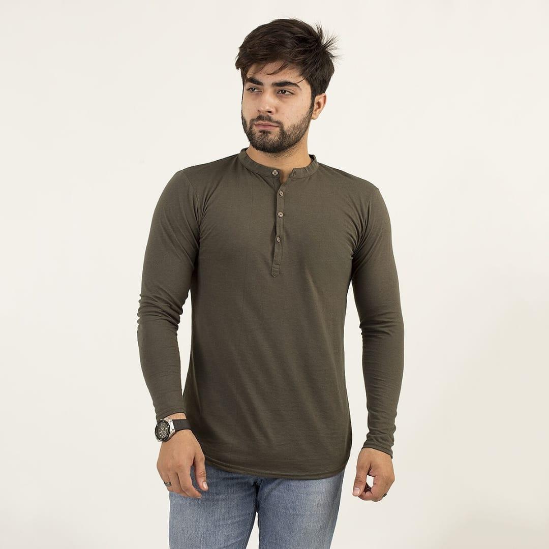 Men's Cotton Jersey Plain Kurti-Style Shirt – Green Color, Soft and Stylish