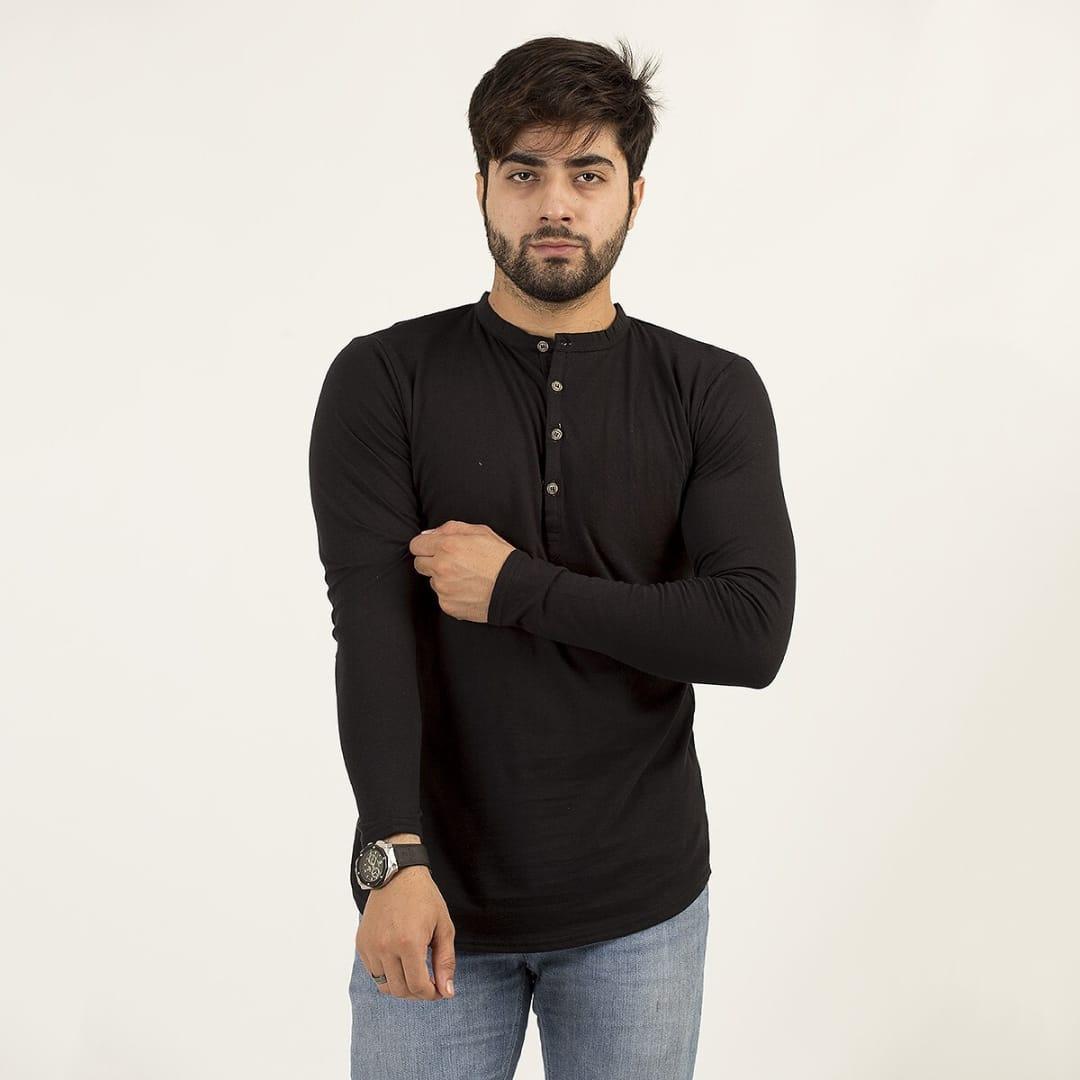 Men's Cotton Jersey Plain Kurti-Style Shirt – Black Color, Stylish and Comfortable