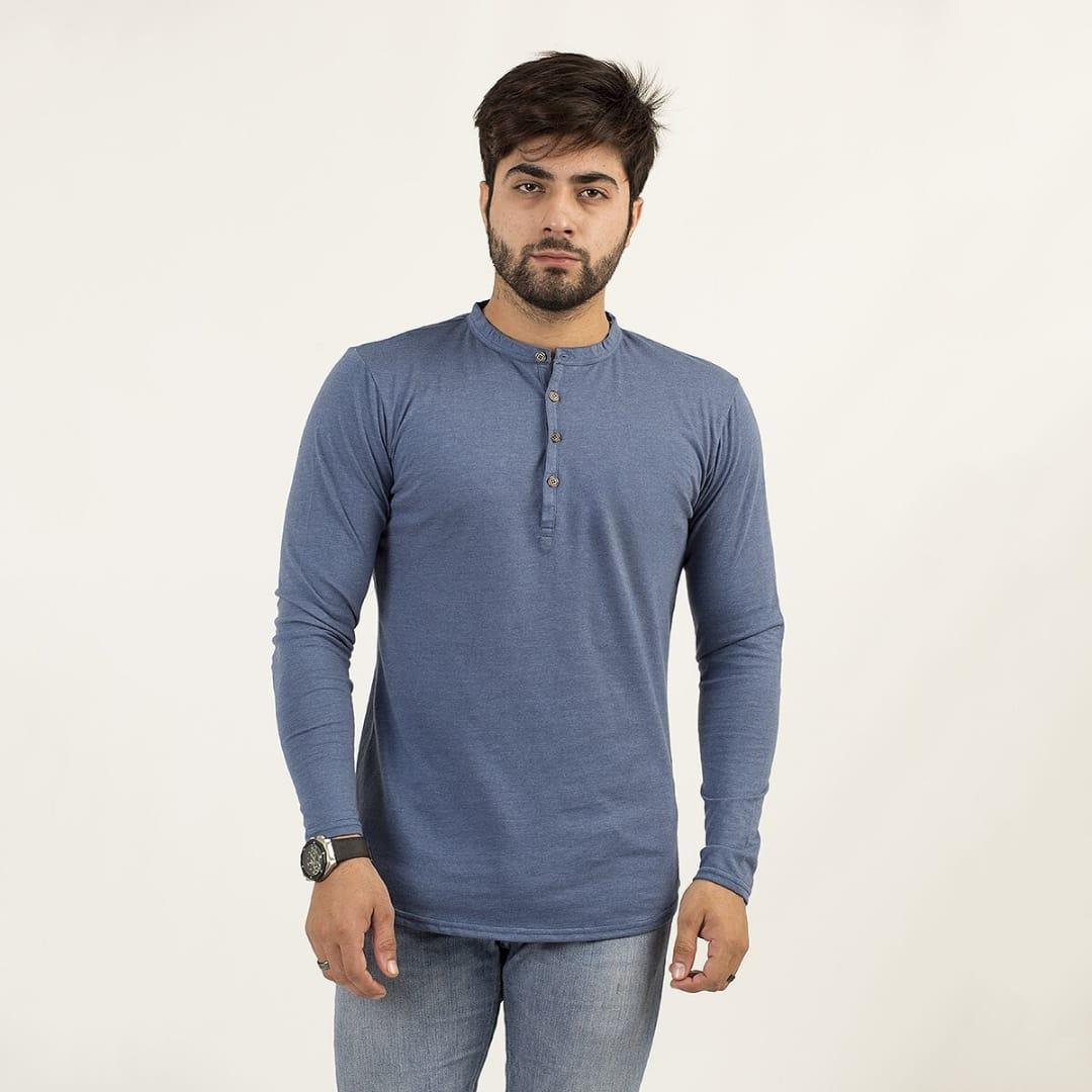 Men's Cotton Jersey Plain Kurti-Style Shirt – Blue Color, Comfortable and Modern