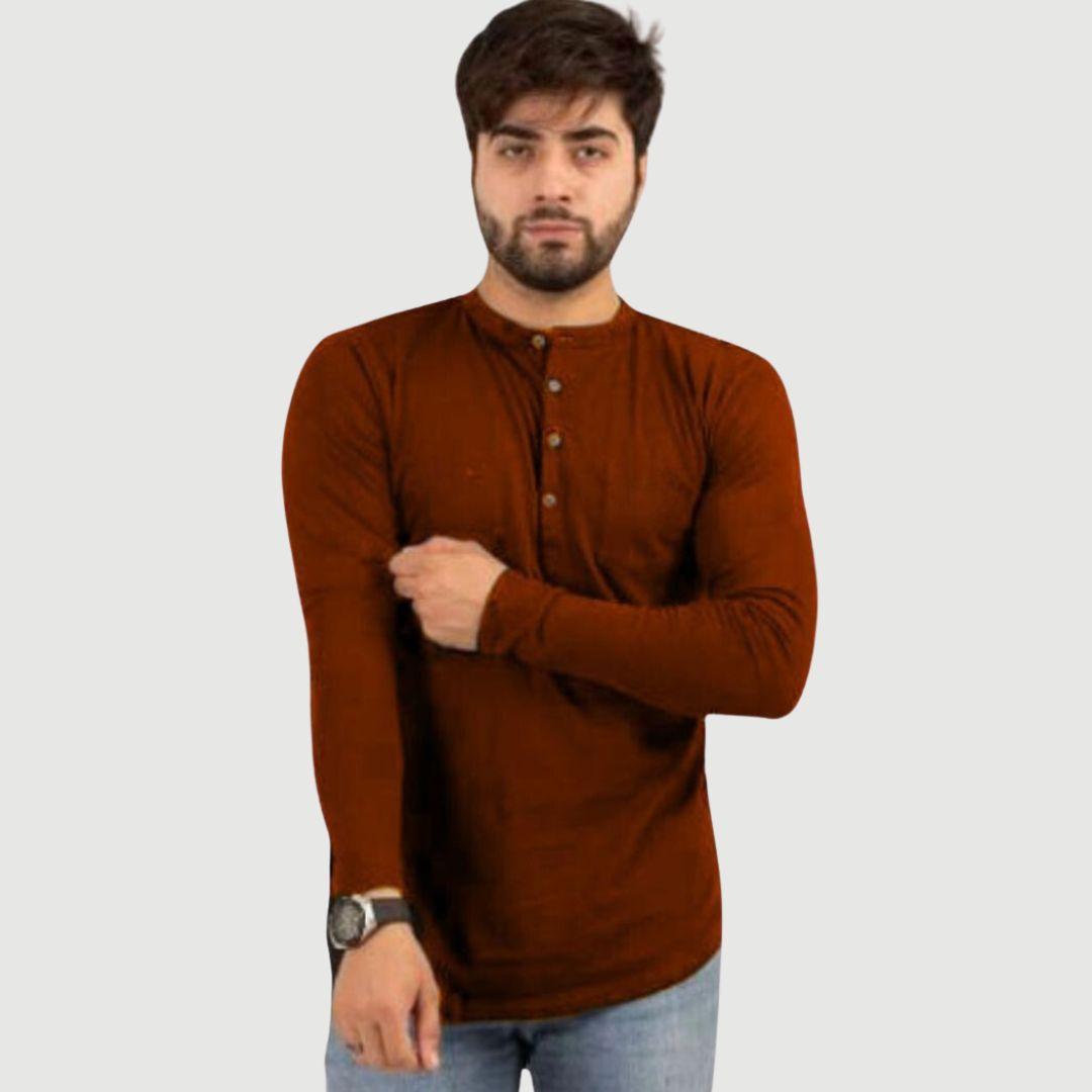 Men's Cotton Jersey Plain Kurti-Style Shirt – Brown Color, Comfortable and Stylish
