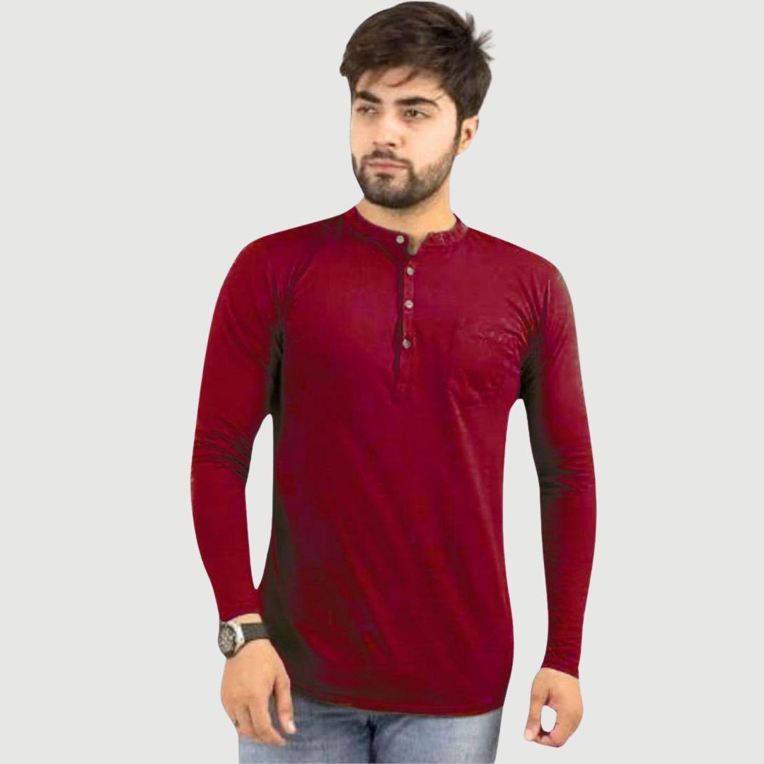 Men's Cotton Jersey Plain Kurti-Style Shirt - Maroon Color, Comfortable & Stylish