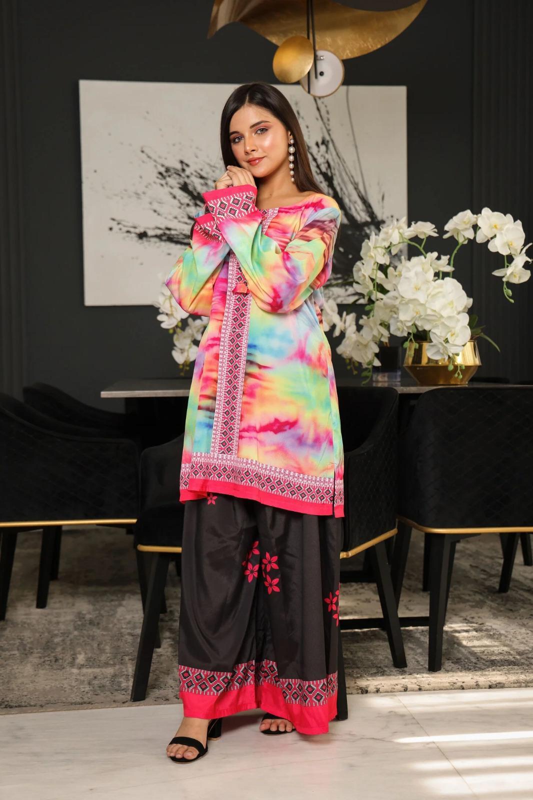 Stunning Women's Stitched 2 Pcs Silk Printed Shirt And Trouser Set