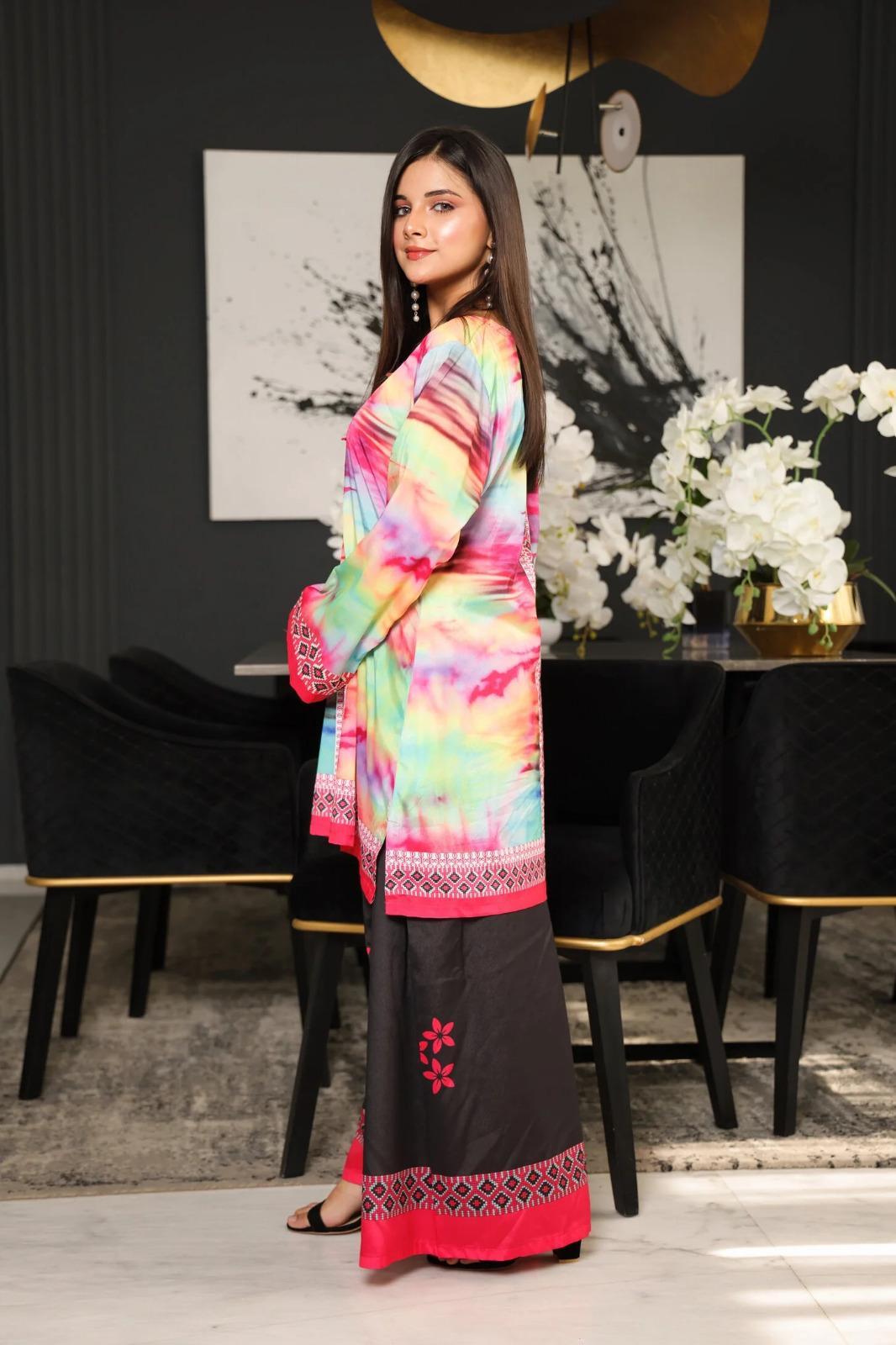 Stunning Women's Stitched 2 Pcs Silk Printed Shirt And Trouser Set