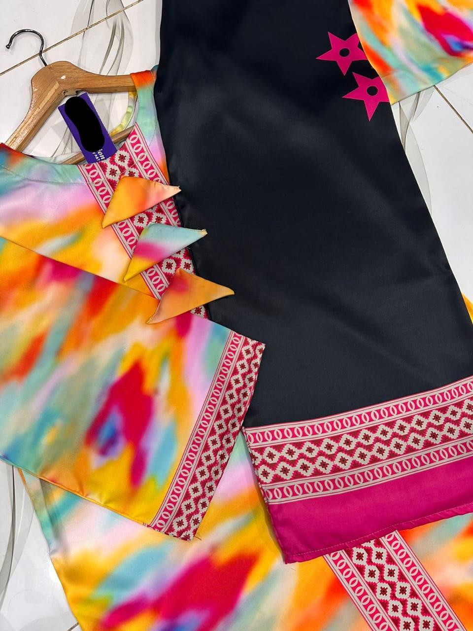 Stunning Women's Stitched 2 Pcs Silk Printed Shirt And Trouser Set