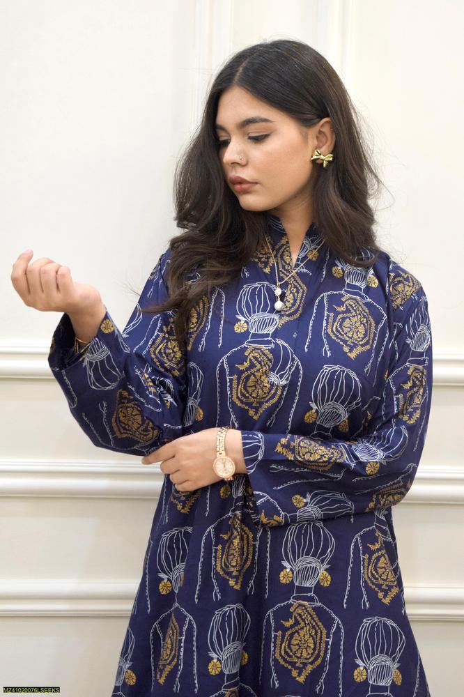 2 Pcs Women's Stitched Linen Printed Shirt And Trouser