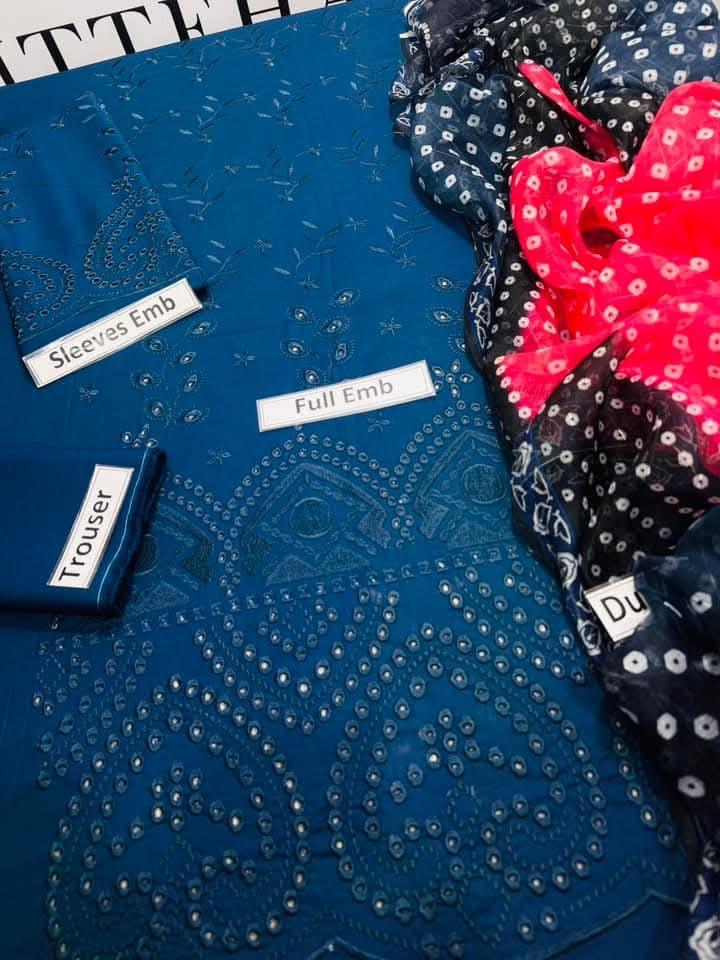 3 Pcs Women's Jazmin Unstitched Chikankari Embroidered Suit