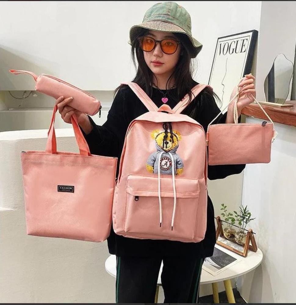 4-Piece Pink Nylon Backpack Set – Stylish & Durable School/Travel Bags