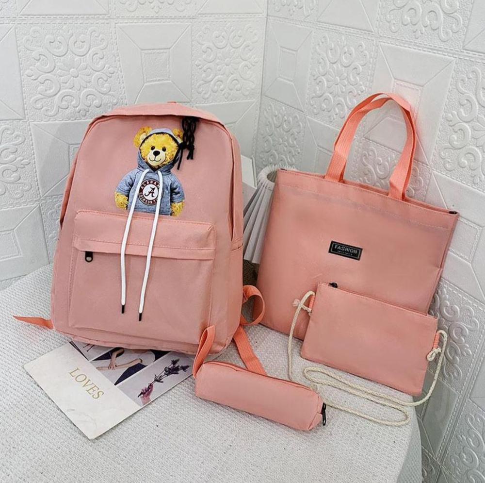 4-Piece Pink Nylon Backpack Set – Stylish & Durable School/Travel Bags