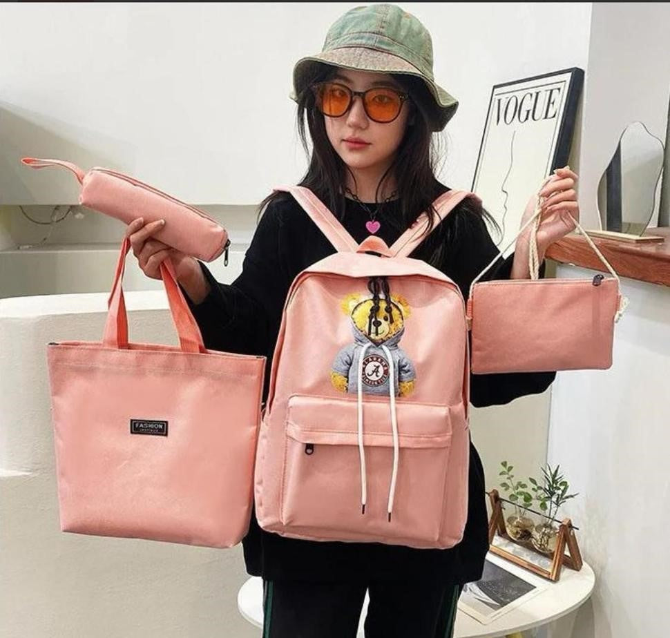 4-Piece Pink Nylon Backpack Set – Stylish & Durable School/Travel Bags