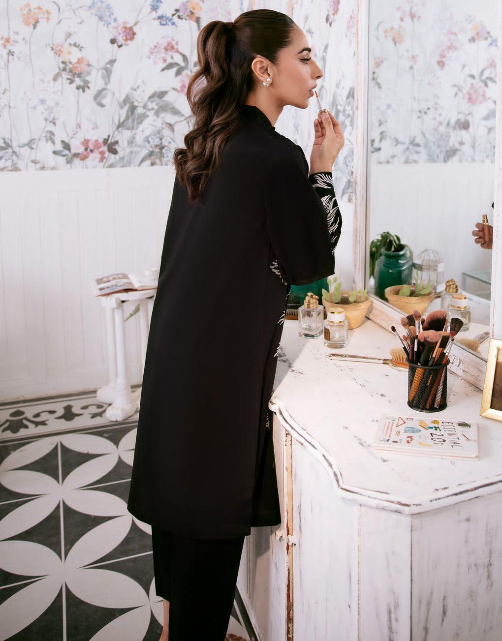 Chic Black Block Printed Linen Shirt and Trouser Set - 2 Pcs