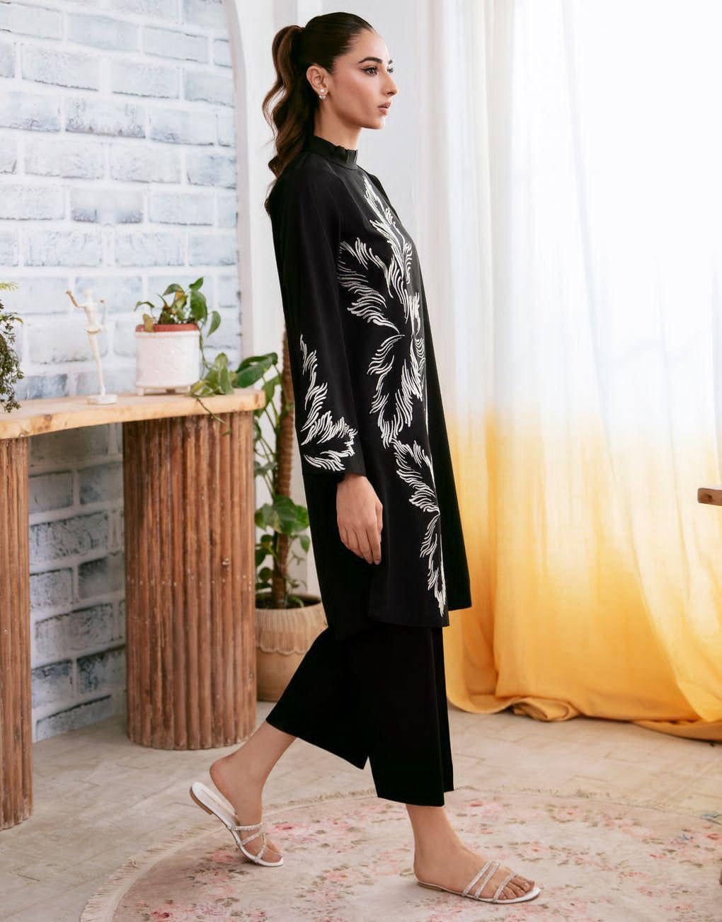 Chic Black Block Printed Linen Shirt and Trouser Set - 2 Pcs