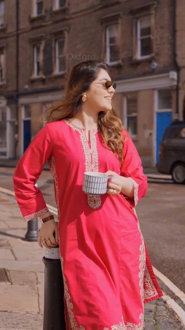 Embroidered Women's Stitched Shirt And Trouser Set - 2 Pcs in Red