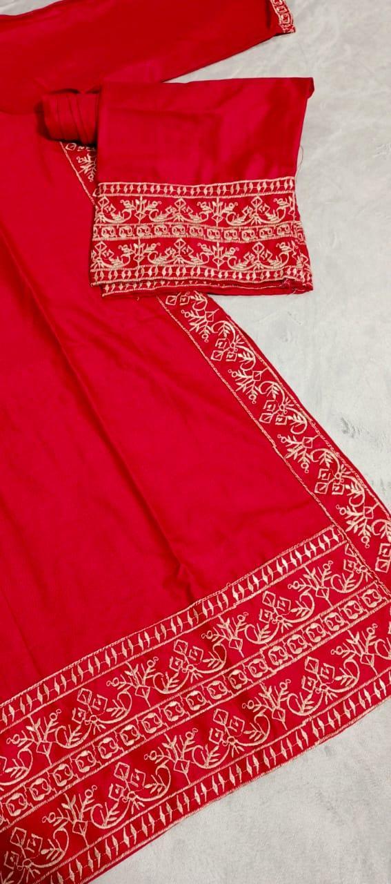 Embroidered Women's Stitched Shirt And Trouser Set - 2 Pcs in Red