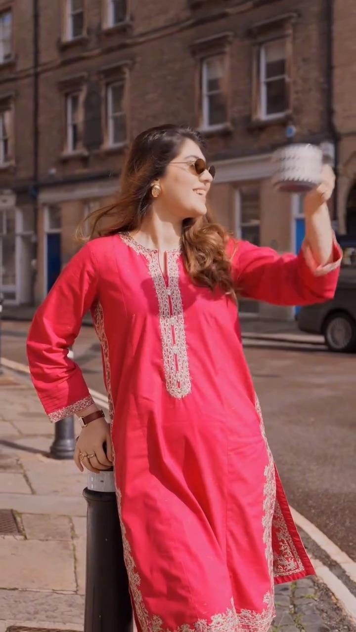 Embroidered Women's Stitched Shirt And Trouser Set - 2 Pcs in Red