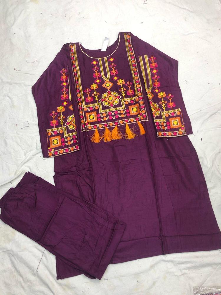 2 Pcs Women's Stitched Linen Embroidered Shirt And Trouser Purple Color