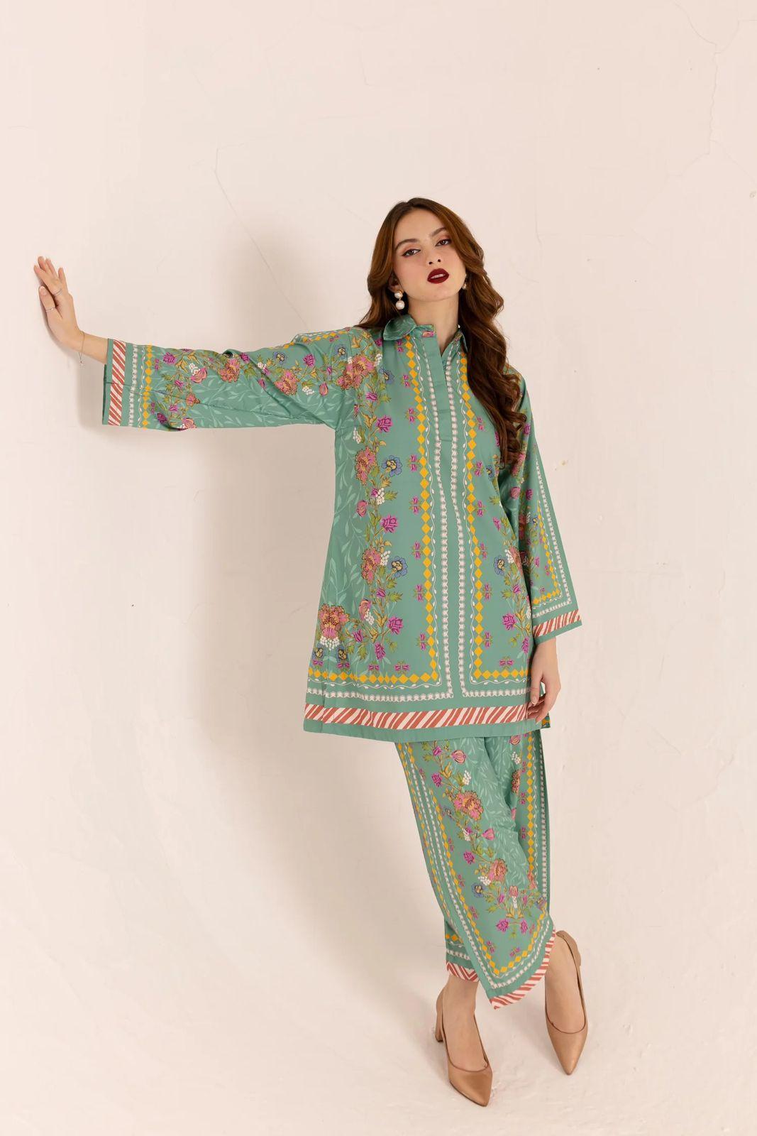 2 Pcs Women's Stylish Stitched Printed Shirt & Trouser Set