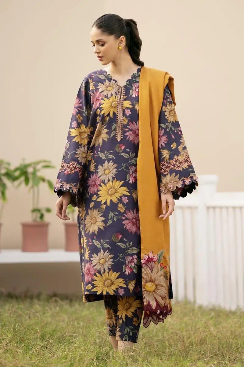 3 Pcs Women's Unstitched Karandi Printed Suit
