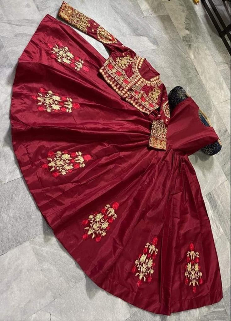 Elegant 3 Pcs Women's Stitched Katan Silk Embroidered Maxi with Jacket and Trouser