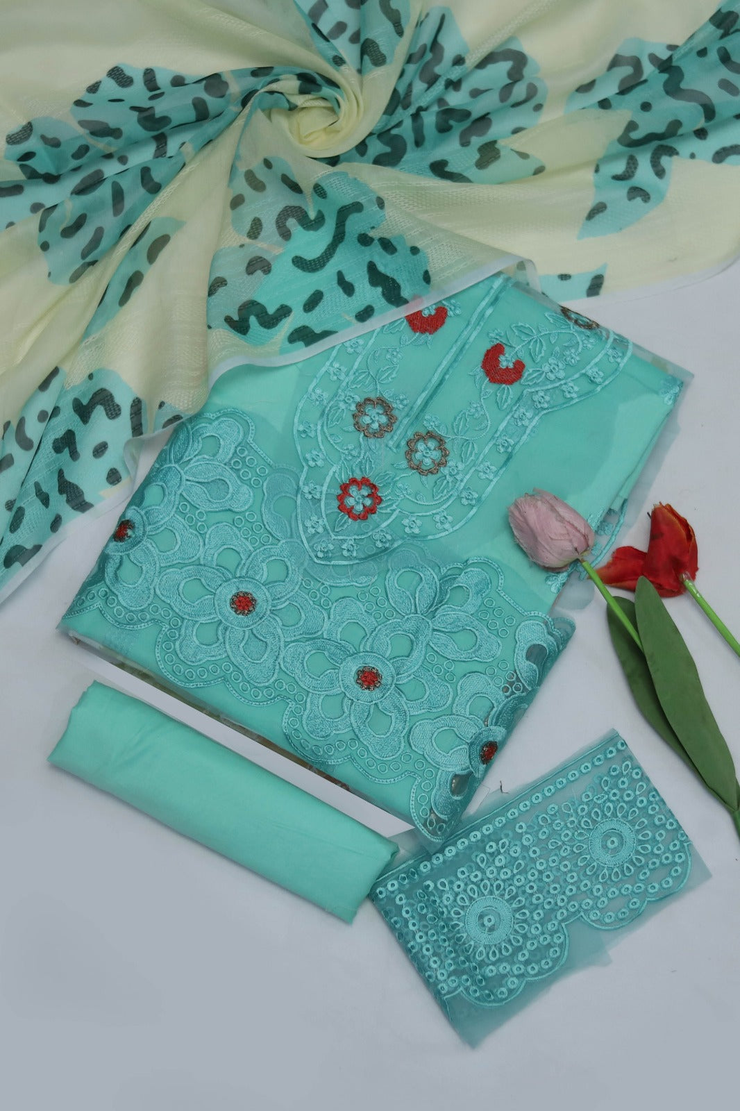 3 PC WOMEN'S LUXURY EID FANCY CHIKENKARI SUIT