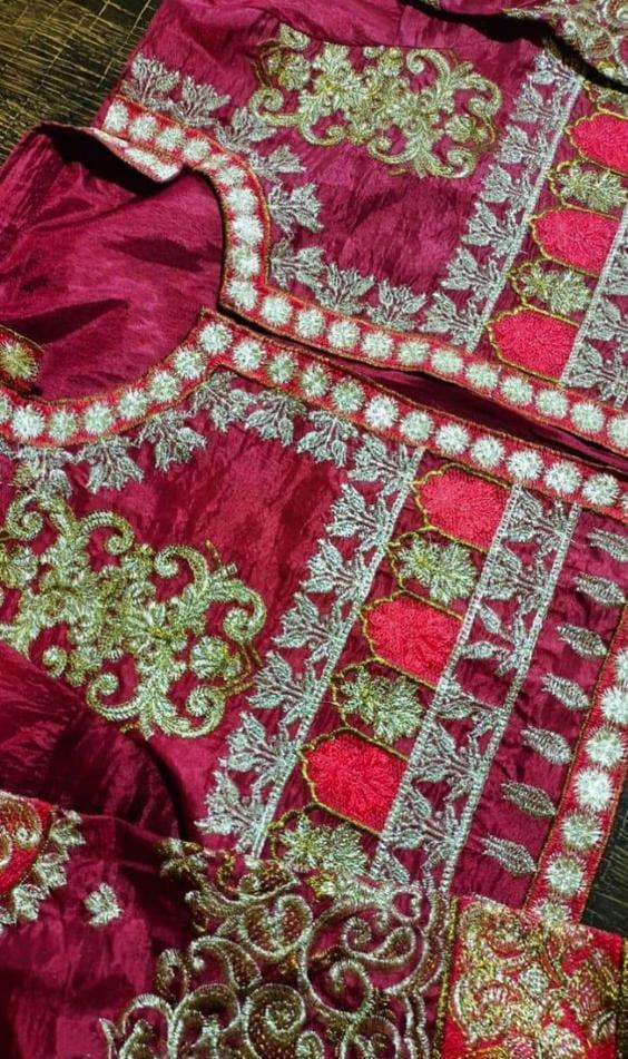 Elegant 3 Pcs Women's Stitched Katan Silk Embroidered Maxi with Jacket and Trouser