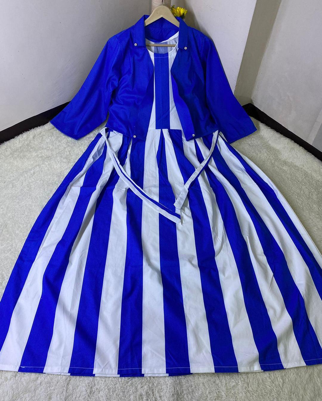 Stylish Blue and White Striped Maxi Suit with Jacket 2 Pcs Women's Stitched Set