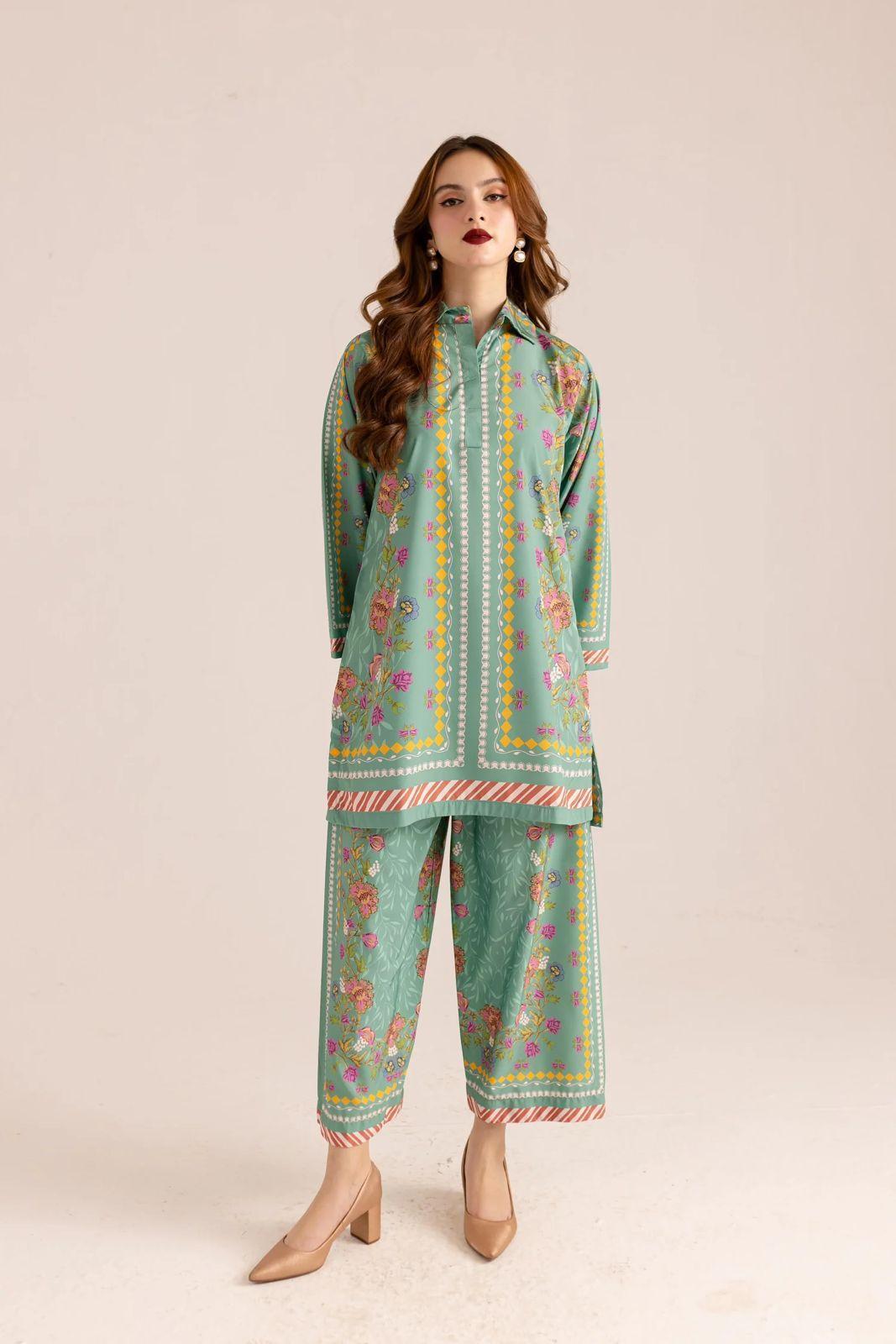 2 Pcs Women's Stylish Stitched Printed Shirt & Trouser Set